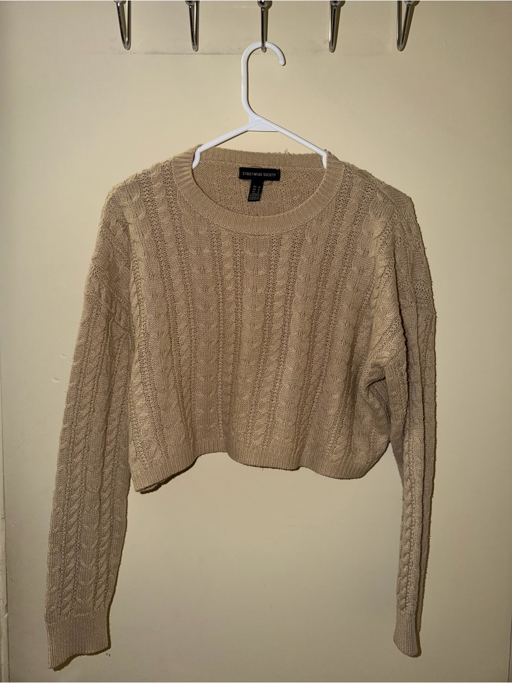 Streetwear Society Beige Cable-Knit Cropped Crew Sweater